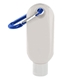 aerial view a blue 1.9 oz spf 30 sunscreen in clear bottle with carabiner, image 1 of 2
