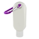aerial view a purple 1.9 oz spf 30 sunscreen in clear bottle with carabiner, image 1 of 2