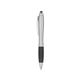 aerial view a satin silver with charcoal rubberized grip satin stylus pen, image 1 of 3