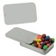 aerial view a silver tin & chocolate littles fill option customizable slider mint tin, image 1 of 2