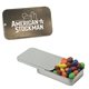 aerial view a silver tin & chocolate littles fill option customizable slider mint tin, image 2 of 2
