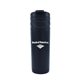 aerial view a black top with black base 18 oz stainless steel tumbler with plastic liner and spillproof lid, image 1 of 2