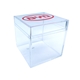 aerial view a clear & empty fill option cube shaped acrylic container with candy, image 1 of 2