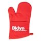 aerial view a red quilted cotton canvas kitchen oven mitt, image 1 of 3