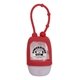 aerial view a red 1 oz travel antibacterial hand sanitizer with adjustable silicone strap, image 1 of 2