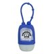 aerial view a blue 1 oz travel antibacterial hand sanitizer with adjustable silicone strap, image 1 of 2