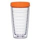 aerial view a clear with orange lid 16 oz newbridge double wall tumbler, image 1 of 2
