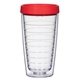 aerial view a clear with red lid 16 oz newbridge double wall tumbler, image 1 of 2