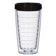 aerial view a clear with black lid 16 oz newbridge double wall tumbler, image 1 of 2
