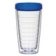 aerial view a clear with blue lid 16 oz newbridge double wall tumbler, image 1 of 2