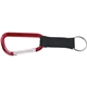 aerial view a red promotional 8mm carabiner with black strap, image 1 of 2