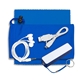 aerial view a royal blue techbank plus mobile tech power bank accessory kit with earbuds in microfiber cinch pouch, image 1 of 3