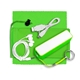 aerial view a lime green techbank plus mobile tech power bank accessory kit with earbuds in microfiber cinch pouch, image 1 of 3