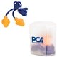 a group of silicone earplugs with blue nylon cord and clear clip case