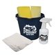a navy blue cleaning kit and spray bottle