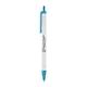 aerial view a white w/teal trim vibrant color click pen, image 1 of 2