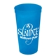 aerial view a translucent blue 24 oz reusable stadium cup, image 1 of 2