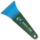 a transparent blue blade & dark green handle 7 ice scraper with digital imprint
