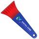 a transparent red blade & royal blue handle 7 ice scraper with digital imprint