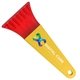a transparent red blade & yellow handle 7 ice scraper with digital imprint