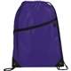 aerial view a purple robin drawstring polyester bag with front zipper pocket, image 1 of 2