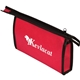 aerial view a red with black trim non - woven zipper pouch, image 1 of 3