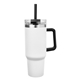 aerial view a white 40 oz intrepid stainless steel tumbler with handle and straw, image 1 of 4