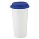 aerial view a white w/blue lid 16 oz i am not a big plastic cup tumbler, image 1 of 2