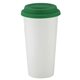 aerial view a white w/green lid 16 oz i am not a big plastic cup tumbler, image 1 of 2