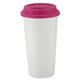aerial view a white w/pink lid 16 oz i am not a big plastic cup tumbler, image 1 of 2