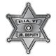 aerial view a matte silver badge sticker on roll sheriff 2 9/16 x 3 1/16 foil papers roll of 1000, image 1 of 2