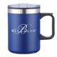 aerial view a blue 14oz double wall camping mug, image 1 of 2