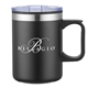 aerial view a black 14oz double wall camping mug, image 1 of 2