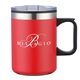 aerial view a red 14oz double wall camping mug, image 1 of 2
