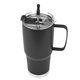 aerial view a black tumbler & silver with black tip straw 30 oz lisbon stainless steel tumbler with straw, image 1 of 3