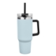 aerial view a light blue 40 oz intrepid stainless steel tumbler with handle and straw, image 1 of 5
