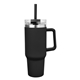 aerial view a black 40 oz intrepid stainless steel tumbler with handle and straw, image 1 of 4