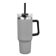 aerial view a gray 40 oz intrepid stainless steel tumbler with handle and straw, image 1 of 4