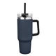 aerial view a navy 40 oz intrepid stainless steel tumbler with handle and straw, image 1 of 4