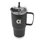 aerial view a black tumbler & silver with black tip straw 30 oz lisbon stainless steel tumbler with straw, image 2 of 3