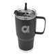 aerial view a black tumbler & silver with black tip straw 30 oz lisbon stainless steel tumbler with straw, image 3 of 3