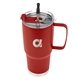 aerial view a red tumbler & silver with black tip straw 30 oz lisbon stainless steel tumbler with straw, image 2 of 3