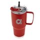 aerial view a red tumbler & silver with black tip straw 30 oz lisbon stainless steel tumbler with straw, image 3 of 3