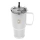 aerial view a white tumbler & silver with black tip straw 30 oz lisbon stainless steel tumbler with straw, image 2 of 3