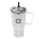 aerial view a white tumbler & silver with black tip straw 30 oz lisbon stainless steel tumbler with straw, image 3 of 3