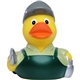 aerial view a yellow/green farmer themed duck stress reliever, image 1 of 4