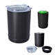 aerial view a black with clear lid 2- in -1 copper insulated beverage holder and tumbler, image 1 of 4