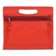 aerial view a frosted red 27 piece advanced travel kit in vanity travel pack with zipper components inserted into zipper kit, image 1 of 2