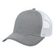 aerial view a gray with white mesh and stitching cotton twill mesh two tone snapback cap, image 1 of 3