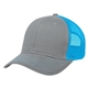 aerial view a gray with lt blue mesh and stitching cotton twill mesh two tone snapback cap, image 1 of 3
